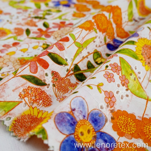 Cotton Woven Poplin Flower Printed Cutwork Embroidery Fabric